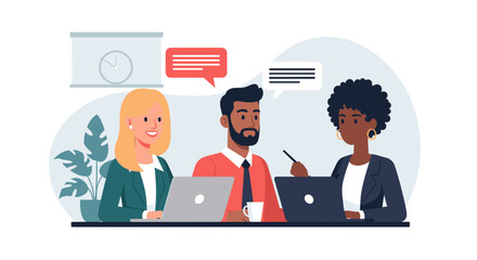 Professional diverse team collaborating on laptops, discussing business strategies in a modern office. Ideal for concepts of teamwork, communication, and innovation.