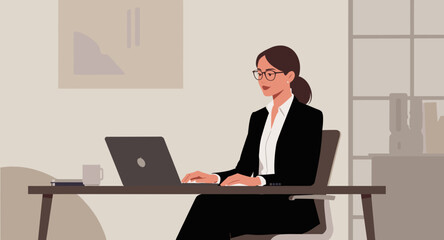 Professional businesswoman working diligently on a laptop at her office desk. Depicts focus, productivity, and modern work environment.