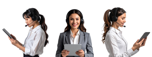 Side View Customer Service Worker Checking Tablet, Customer Service Representative Smiling While Using Tablet, PNG