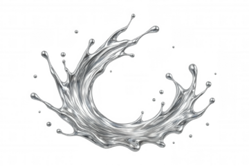 Metallic silver liquid splashing and making a circular shape, isolated on transparent background, ideal for graphic design projects