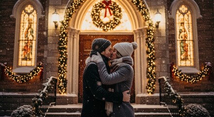 Romantic Couple Kissing Outdoors During Winter Holidays Celebration