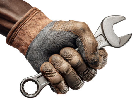 Worker Hand Holding Wrench in Dirty Glove on Transparent Background - Powered by Adobe