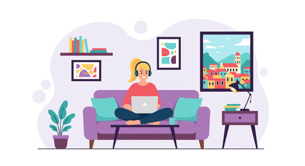 Happy woman working remotely on her laptop while sitting comfortably on a couch at home, embodying modern work-life balance and digital connectivity.