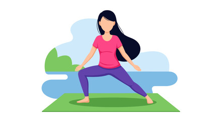 Woman practicing yoga in Warrior II pose on a mat outdoors, promoting balance, wellness, and a healthy, mindful lifestyle.