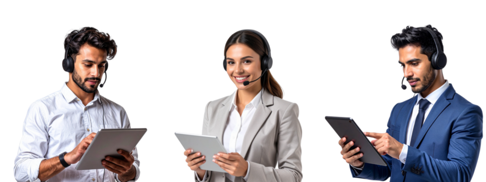 Transparent PNG Male Customer Support Agent Tapping on Tablet Screen Customer Service Representative Smiling While Using Tablet,