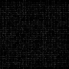 An abstract background in black and white, reminiscent of a digital circuit or network structure. Glowing dots and lines form a pattern similar to a microchip or a cyberspace connection map.