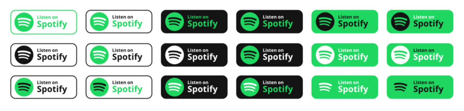 Spotify Badge icon logo Collection. Spotify button. Spotify Social media logo. listen on Spotify button. popular music streaming service icons. Editorial vector