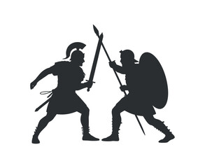 Ancient Warriors Duel Silhouette: Gladiator, Spartan, Roman, Sword, Shield, and Spear Combat