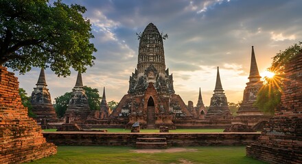 Ayutthaya Historical Park - Ancient Temple Ruins at Sunset.