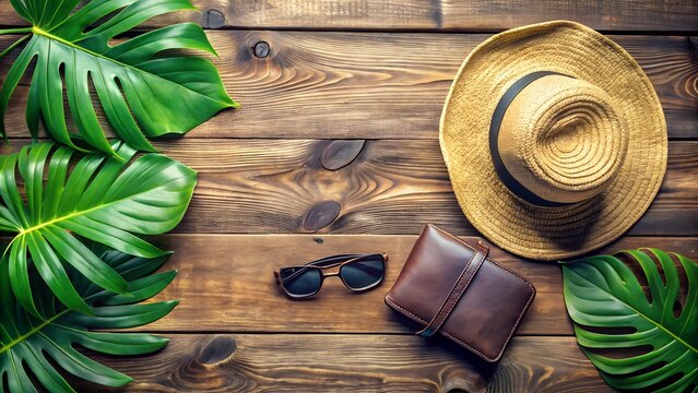 Tropical vacation essentials on a rustic wooden surface with copy space - Powered by Adobe