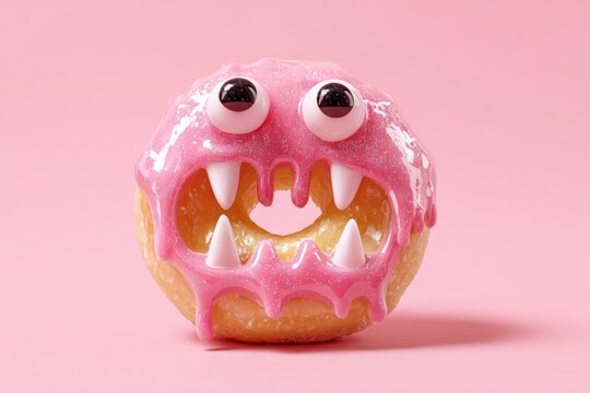 Halloween Donut Toy with Eyes and Fangs on Pink Background - Powered by Adobe