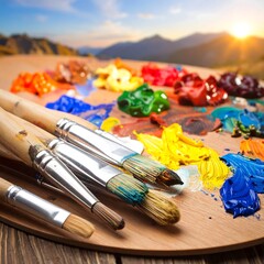 Obraz premium Colorful 's palette with paintbrushes, a vibrant display of hues against a backdrop of mountains and sunrise.