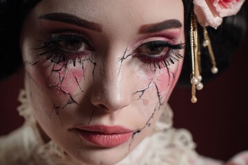 Horror-Themed Beauty Shoot with Cracked Porcelain Doll Face and Vintage Styling