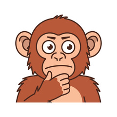 Contemplative Chimpanzee Cartoon Character with Thoughtful Expression and Hand on Chin on Transparent Backdrop