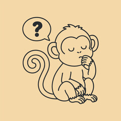 Line Art Illustration of a Contemplative Monkey with Question Mark Speech Bubble on Beige Background
