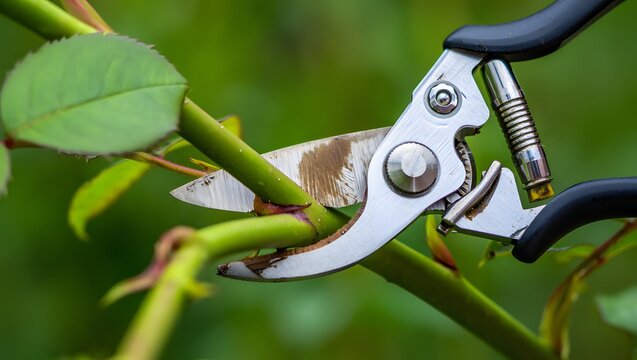 Close-up of sharp pruners cutting a vibrant green rose stem, gardening detail.