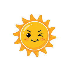 Bright, cheerful winking sun cartoon illustration, ideal for summer camp promotions, children's educational materials, positive social media posts, weather app icons, and vacation ads.