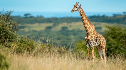 Obraz premium A giraffe standing in a grassy field with trees in the background, under a clear blue sky.