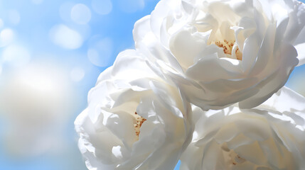 Fototapeta premium Romantic close-up of white rose blooms with translucent petals and dreamy bokeh against a blue sky, flowers in the lower third with upper copy space, elegant background for wedding use