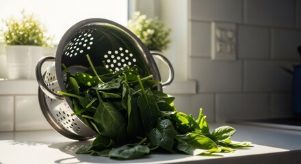 Fresh spinach spilling from a colander on a kitchen counter. Sunlight streams in