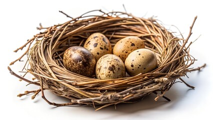Obraz premium Speckled Eggs Nestled in a Natural Woven Bird Nest on White Background