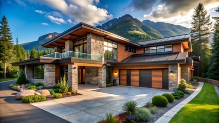 Fototapeta premium Modern house nestled in mountain area