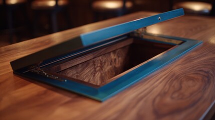 Medium shot of a hidden compartment seamlessly integrated into a sleek cabinet main focus sharp with surrounding area softly blurred for a tidy appearance.