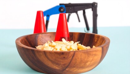 Wooden bowl of pale, flaked items, with out-of-focus tools behind