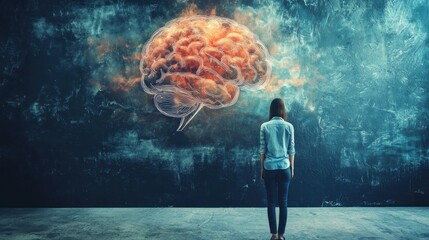 A woman stands in front of a large, glowing brain on a dark, textured wall, with a blue and green color scheme and a woman