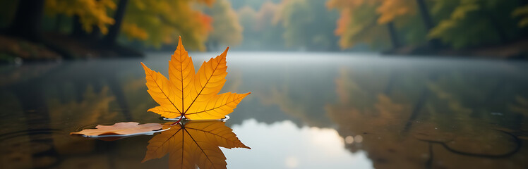 Obraz premium golden yellow maple leaf floats serenely tranquil surface forest pond surrounded vibrant autumn foliage