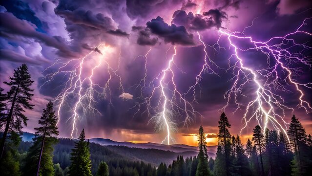 Dramatic Lightning Storm Over Forest Landscape with Dark Clouds and Vibrant Colors