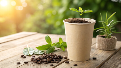 A realistic eco friendly coffee cup made of natural paper pulp, placed on a wooden cafe table.