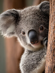 Obraz premium Close up of fluffy koala gripping tree, showing soft gray fur, large round ears, and expressive eyes in natural setting, evoking gentle and calm mood
