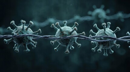 Three virus-like particles on a barbed wire fence, with a dark, blurred background.