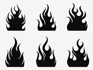 Flame silhouettes in classic style. Set of black vector fire silhouettes on white background