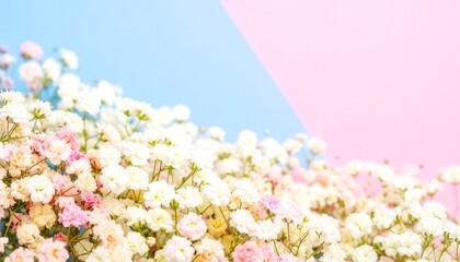 Delicate gypsophila flowers against a pastel pink and blue geometric background