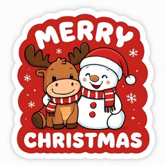 Cute Merry Christmas greeting with reindeer and snowman cartoon characters
