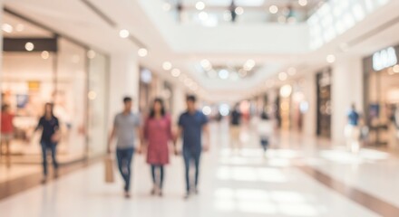 Blurred view of a shopping mall interior with people walking along a brightly lit corridor lined with stores