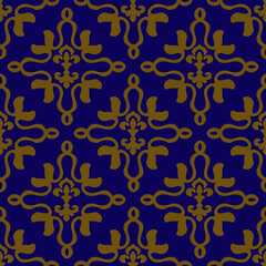 Golden damask pattern, seamless luxury blue background.