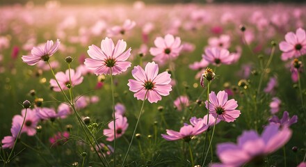 Obraz premium Beautiful Pink Cosmos Flower Field in Sunlight.