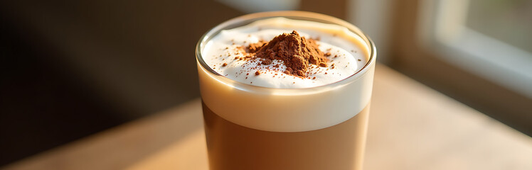 frosty glass towers table filled brim velvety white coffee drink topped light dusting rich brown chocolate