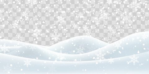 Vector heavy snowfall with snowbanks field. Snow landscape decoration, frozen hills isolated on png background. Snow flakes, snow and blizzard falling on snowdrifts. Christmas vector illustration