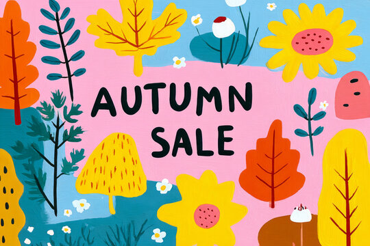 Colorful artwork showcases an autumn sale with bright leaves and flowers against a playful pastel background, inviting customers to take part in seasonal savings and festive shopping