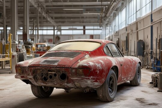 Abandoned classic car resting in a dusty workshop with natural light