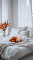 Cozy fall bedroom decor ideas with pumpkins and candles for autumn home inspiration