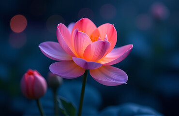 Fototapeta premium delicate flower blooms vibrant hues deep inky night sky illuminated soft ethereal lights dance across