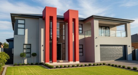 Modern two story residence featuring bold red architectural accents and a spacious green lawn
