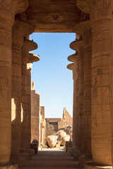 Close-up view of ruins of the huge Ramasseum Temple built in honor of the great Egyptian Pharaoh...