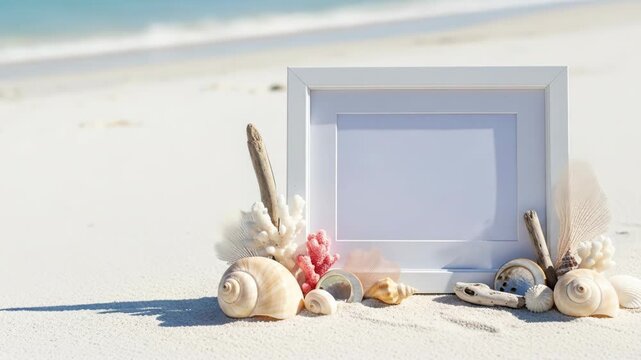 Coastal scene w/white frame on white sand with sea shells & drift wood