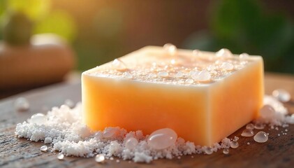 Naklejka premium Close-up of a luxurious bar of soap with gentle bubbles, creating a relaxing spa-like atmosphere Perfect for aromatherapy, self-care, and wellness concepts , purity, zen